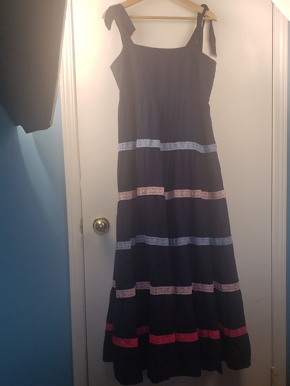 Crown & Ivy Navy Maxi Dress with Pink and Light Blue Lace Bands Size Medium